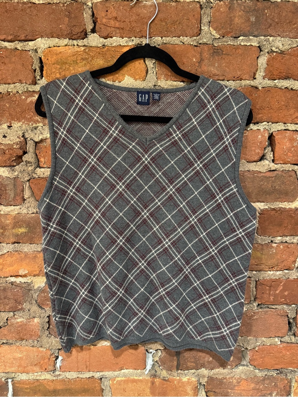 GAP Gray and Maroon Plaid V-Neck Sweater Vest (100% Cotton)